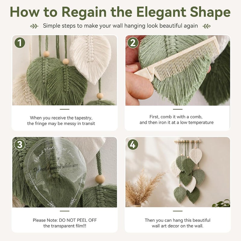 Artilady Green Macrame Leaf Wall Hanging Tapestry Boho Wall Decor | Handmade Soft Cotton Fringe, Natural Wooden Beads, Mordern Chic Decor for Bedroom Living Room Nursery - Image 5