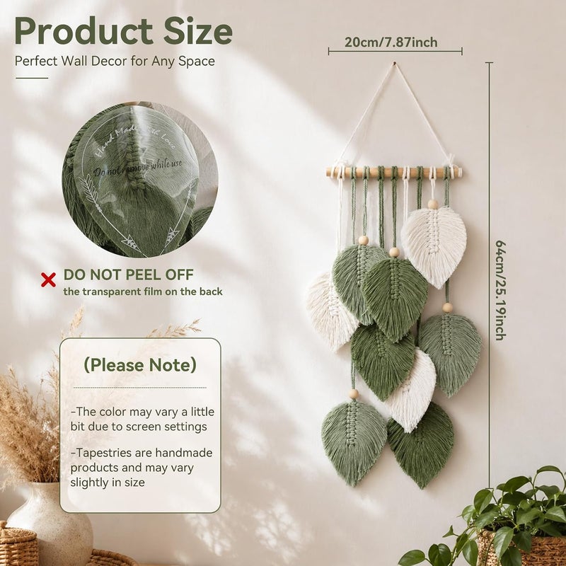Artilady Green Macrame Leaf Wall Hanging Tapestry Boho Wall Decor | Handmade Soft Cotton Fringe, Natural Wooden Beads, Mordern Chic Decor for Bedroom Living Room Nursery - Image 3