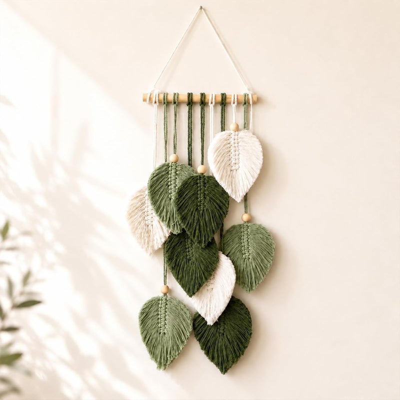 Artilady Green Macrame Leaf Wall Hanging Tapestry Boho Wall Decor | Handmade Soft Cotton Fringe, Natural Wooden Beads, Mordern Chic Decor for Bedroom Living Room Nursery - Image 1