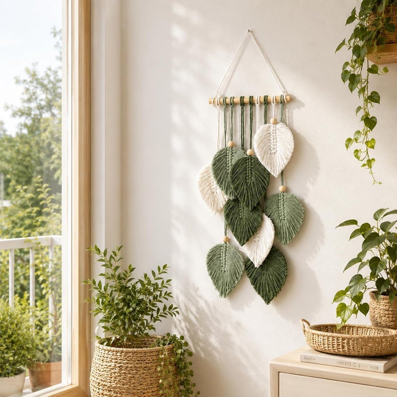 Artilady Green Macrame Leaf Wall Hanging Tapestry Boho Wall Decor | Handmade Soft Cotton Fringe, Natural Wooden Beads, Mordern Chic Decor for Bedroom Living Room Nursery - Image 2
