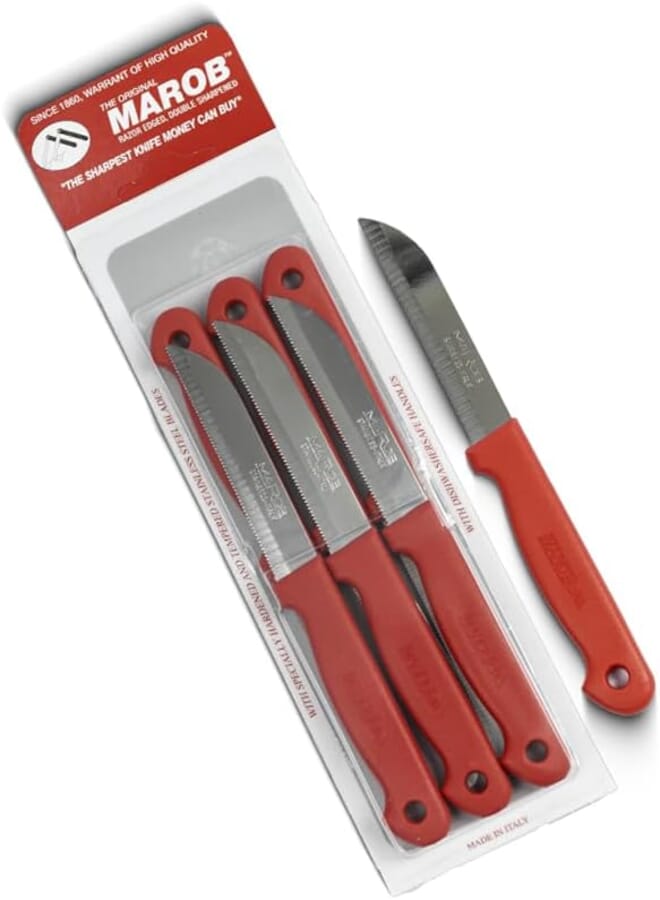 Marietti طقم سكاكين متعددة الاستخدامات من ماروب باي مارييتي - 6 قطع باللون الأحمر - شفرات مسننة بطول 8.5 سم - مثالي لمختلف أنواع الطعام - مقاوم للصدأ وصديق للبيئة - صنع في إيطاليا