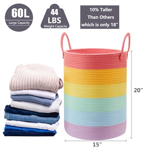 MOJOSCEND Rainbow 15"Dx20"H Baby Girls Kids Laundry Hamper Basket for Nursery Toddler Clothes Blanket Toy Storage Woven Rope Unicorn Hamper in Playroom Bedroom 60L Large - Image 3