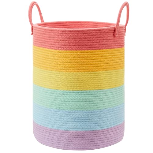 MOJOSCEND Rainbow 15"Dx20"H Baby Girls Kids Laundry Hamper Basket for Nursery Toddler Clothes Blanket Toy Storage Woven Rope Unicorn Hamper in Playroom Bedroom 60L Large - Image 1