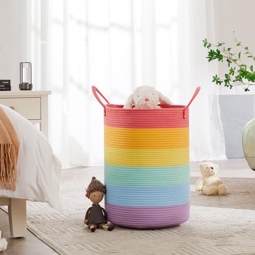 MOJOSCEND Rainbow 15"Dx20"H Baby Girls Kids Laundry Hamper Basket for Nursery Toddler Clothes Blanket Toy Storage Woven Rope Unicorn Hamper in Playroom Bedroom 60L Large - Image 4