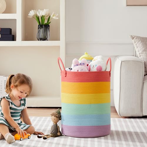 MOJOSCEND Rainbow 15"Dx20"H Baby Girls Kids Laundry Hamper Basket for Nursery Toddler Clothes Blanket Toy Storage Woven Rope Unicorn Hamper in Playroom Bedroom 60L Large - Image 2