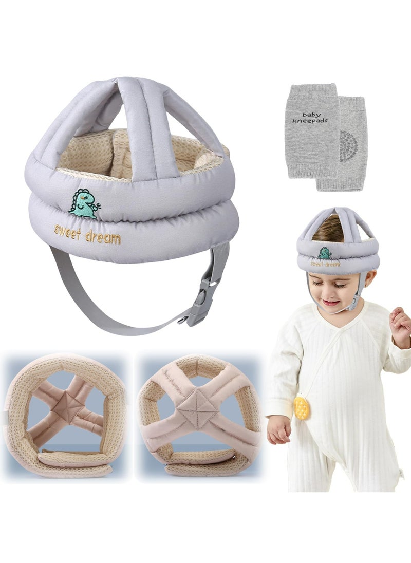[1+1] Baby Safety Helmet, with 1 Pair Knee Pads, Head Protection Toddler Kids Adjustable Soft Headguard for Running Walking Crawling
