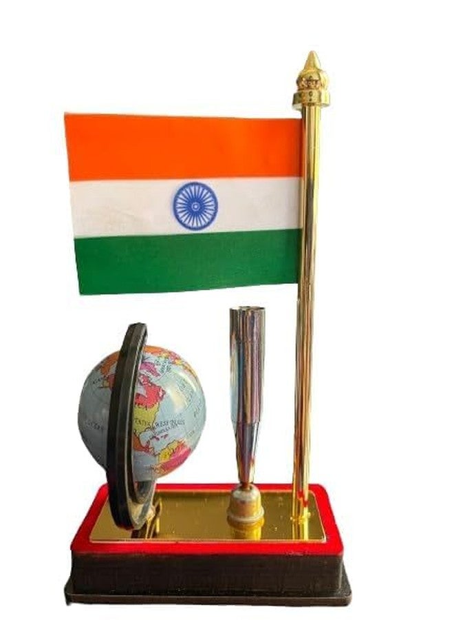 LUCKYMORDEN Indian Flag with Pen Holder and Globe, Desk Organizer Set, Wooden Base, Gold Finish Pole, Tricolor Theme - Image 4
