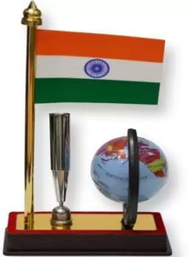 LUCKYMORDEN Indian Flag with Pen Holder and Globe, Desk Organizer Set, Wooden Base, Gold Finish Pole, Tricolor Theme - Image 5
