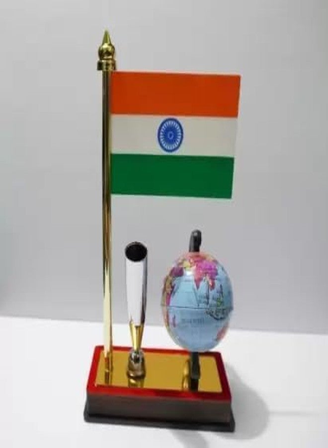 LUCKYMORDEN Indian Flag with Pen Holder and Globe, Desk Organizer Set, Wooden Base, Gold Finish Pole, Tricolor Theme - Image 2