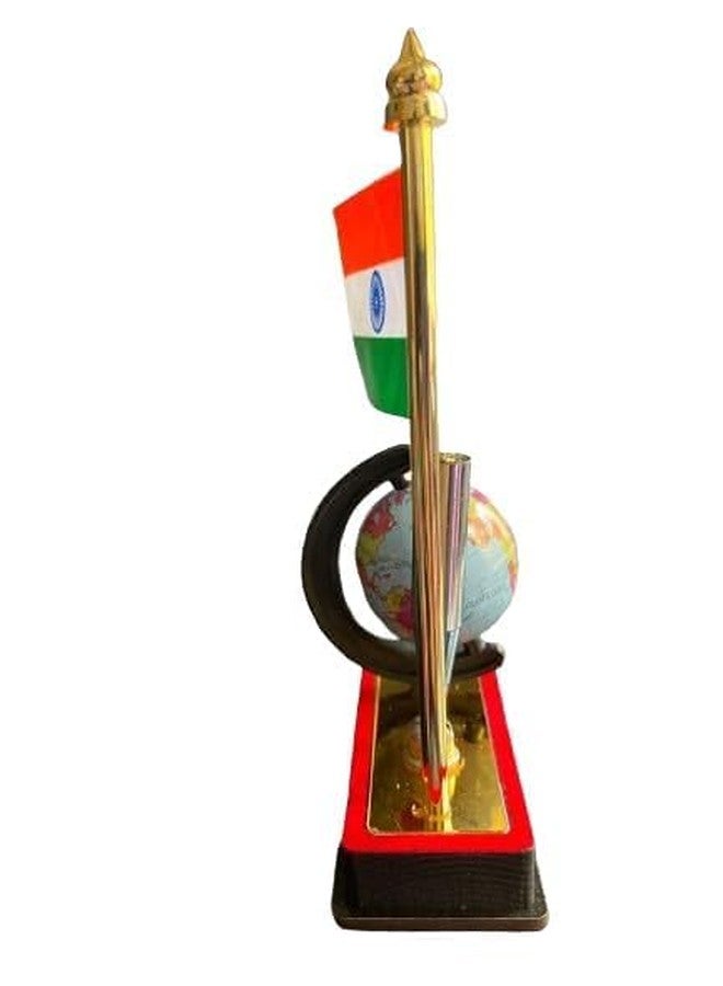 LUCKYMORDEN Indian Flag with Pen Holder and Globe, Desk Organizer Set, Wooden Base, Gold Finish Pole, Tricolor Theme - Image 3