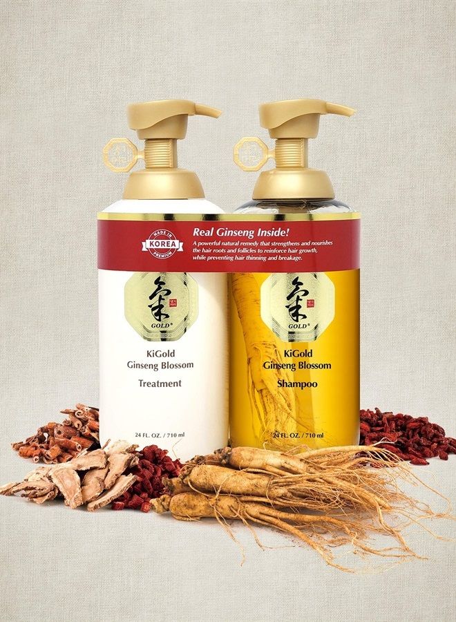 مجموعة شامبو وعلاج زهرة الجينسنغ الذهبية من كي [جينسنغ حقيقي بالداخل!] 710 مل + 710 مل