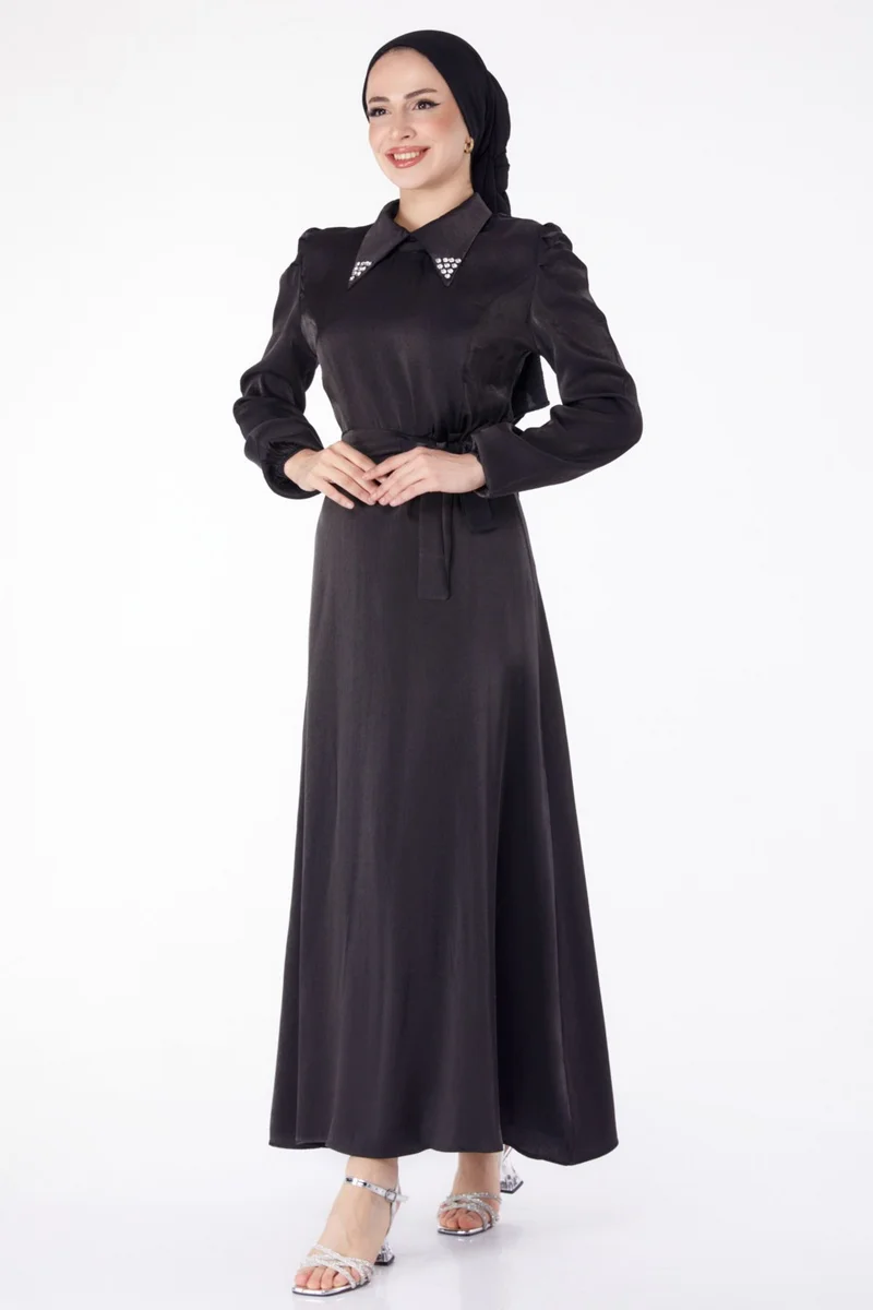 Tofisa Plain Shirt Collar Women's Black Belted Dress - 25406
