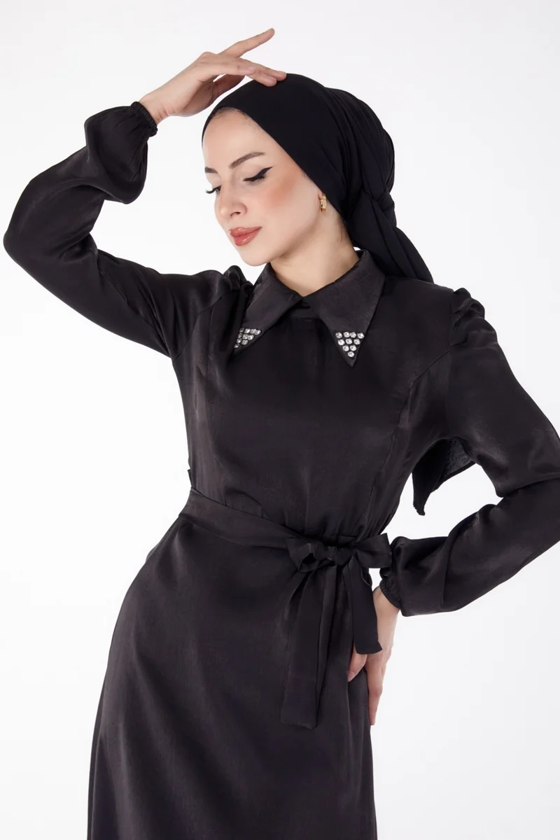 Tofisa Plain Shirt Collar Women's Black Belted Dress - 25406