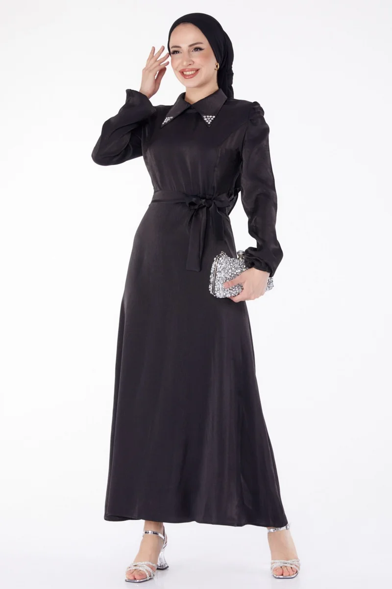 Tofisa Plain Shirt Collar Women's Black Belted Dress - 25406