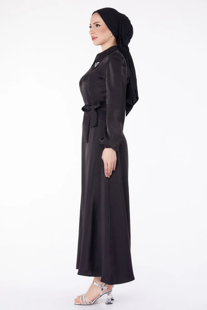 Tofisa Plain Shirt Collar Women's Black Belted Dress - 25406