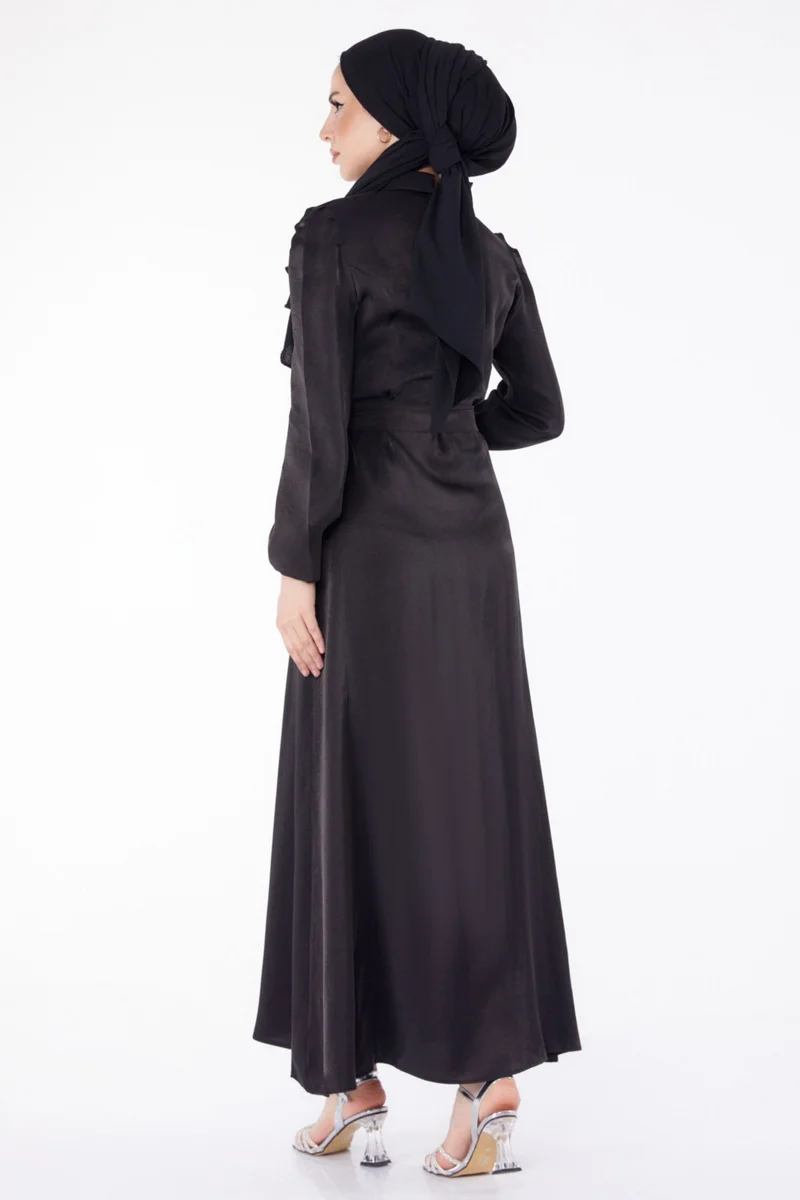 Tofisa Plain Shirt Collar Women's Black Belted Dress - 25406