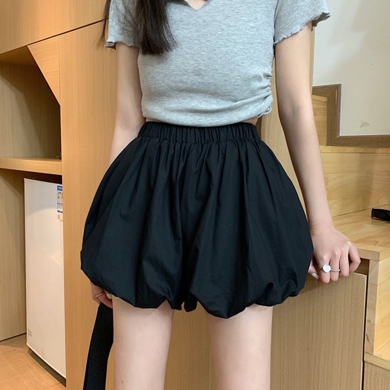 Hip Wrap Skirt White Flower Bud Puffy Skirt Womens Summer High Waist Cake Short Skirt Shorty Slim Look Black (with safety pants version)