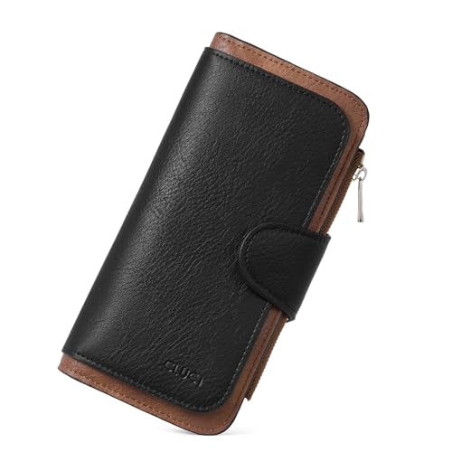 CLUCI Women Wallet Leather RFID Blocking Designer Trifold Card Holder Ladies Clutch with ID Window Black WIth Brown - Image 1