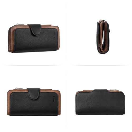 CLUCI Women Wallet Leather RFID Blocking Designer Trifold Card Holder Ladies Clutch with ID Window Black WIth Brown - Image 5