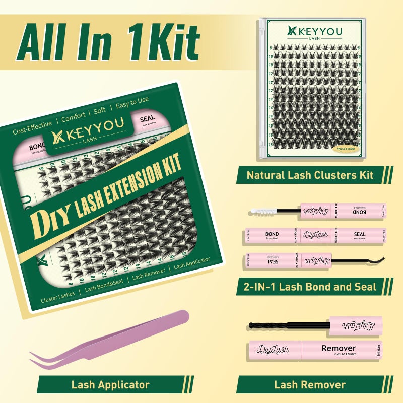 KEYYOULASH Lash Clusters Kit Spiky 144pcs 8-18MIX Lash Extension Kit Wispy Lash Clusters D Curl with Bond and Seal,Remover,Applicators for DIY Manga Eyelash Clusters at Home (Lash Kit-KY08) - Image 2