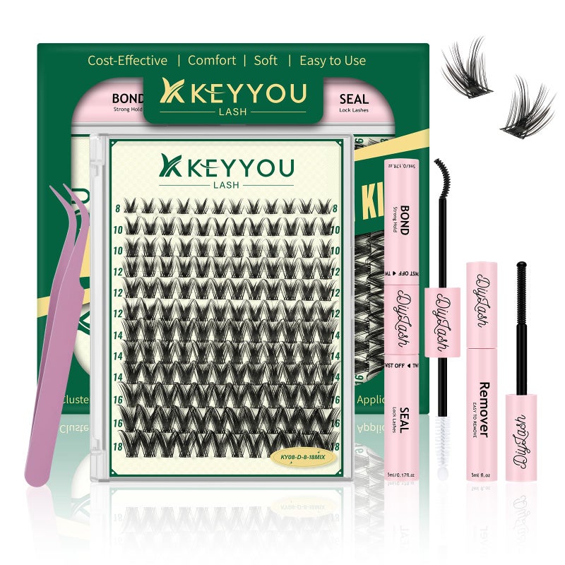 KEYYOULASH Lash Clusters Kit Spiky 144pcs 8-18MIX Lash Extension Kit Wispy Lash Clusters D Curl with Bond and Seal,Remover,Applicators for DIY Manga Eyelash Clusters at Home (Lash Kit-KY08) - Image 1
