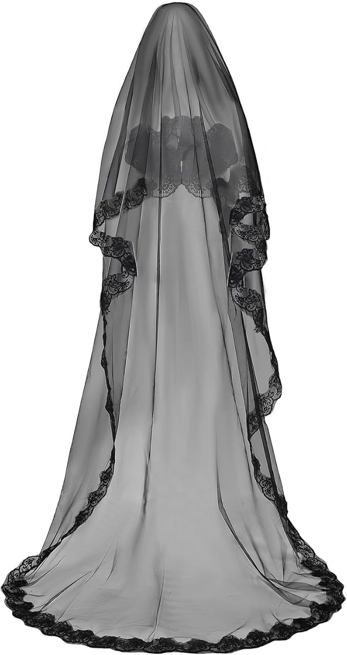 Holiberty 1 Tier Black Bridal Veil 10ft Long Gothic Sheer Lace Cathedral Wedding Dress Shawl Tulle Headdress Halloween Witch Costumes Headpiece Mantilla Bride Chapel Veils Hair Accessories for Women Ladies - Image 1
