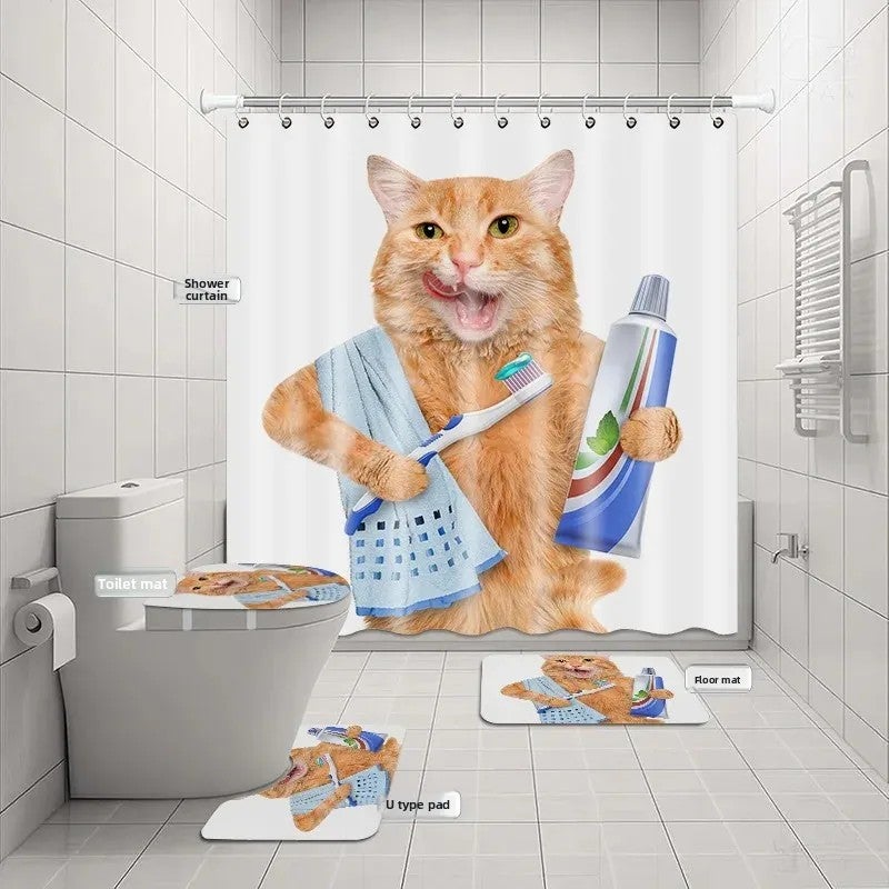 Y&D Dinosaur Bath Four-Piece Set Polyester Material Digital Printing Shower Curtain Floor Mat Three-Piece Matt - Image 5