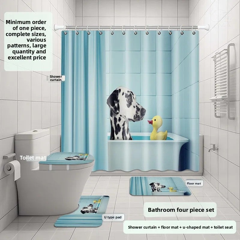 Y&D Dinosaur Bath Four-Piece Set Polyester Material Digital Printing Shower Curtain Floor Mat Three-Piece Matt - Image 2