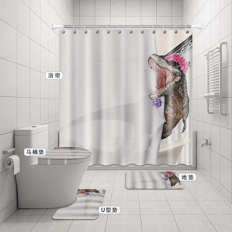 Y&D Dinosaur Bath Four-Piece Set Polyester Material Digital Printing Shower Curtain Floor Mat Three-Piece Matt - Image 1