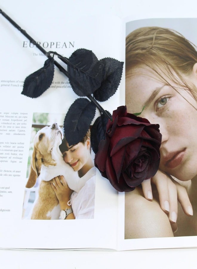 باقة من الورود الاصطناعية، 12 وردة بورغندية مزيفة بالجملة، باقة ورود حريرية طويلة الساق وواقعية لتزيين الهالوين، وديكور المنزل الخريفي، وقطع الزينة، وتنسيق الزهور (بورغندي، 12 قطعة) - Image 2