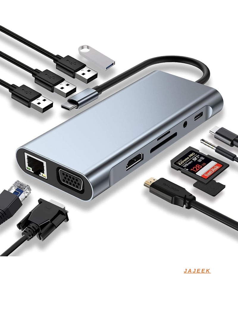 JAJEEK 11-in-1 USB C Hub with 4K HDMI, VGA, USB 3.0, Ethernet, and SD/TF Card Readers – Compatible with MacBook Pro/Air & Other Type C Devices - Image 1