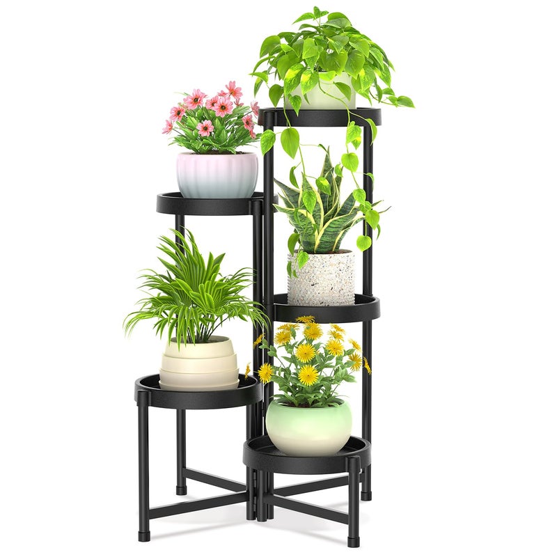 iDavosic.ly 5 Tier Folding Plant Stand Indoor Outdoor with Plastic Tray, Tiered Corner Flower Holder Shelf, Metal Orchid Display Rack for Patio Porch Living Room Garden Balcony, Modern Black - Image 1