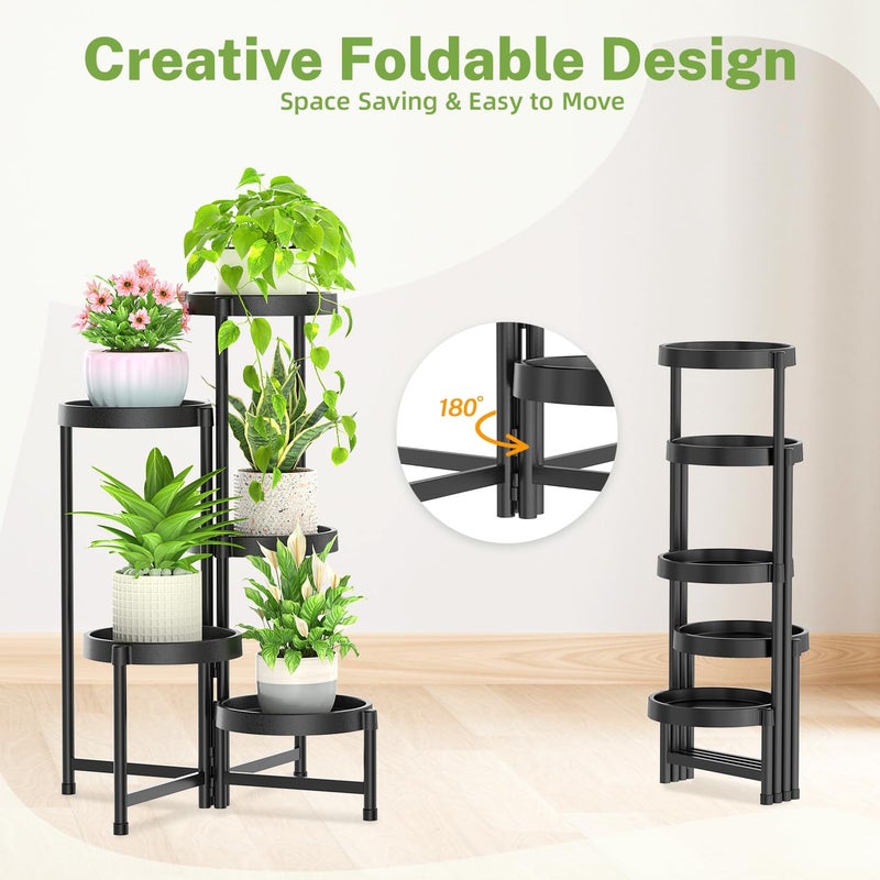 iDavosic.ly 5 Tier Folding Plant Stand Indoor Outdoor with Plastic Tray, Tiered Corner Flower Holder Shelf, Metal Orchid Display Rack for Patio Porch Living Room Garden Balcony, Modern Black - Image 3