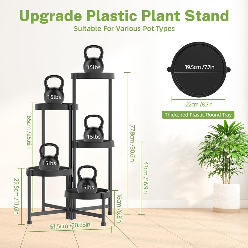 iDavosic.ly 5 Tier Folding Plant Stand Indoor Outdoor with Plastic Tray, Tiered Corner Flower Holder Shelf, Metal Orchid Display Rack for Patio Porch Living Room Garden Balcony, Modern Black - Image 5