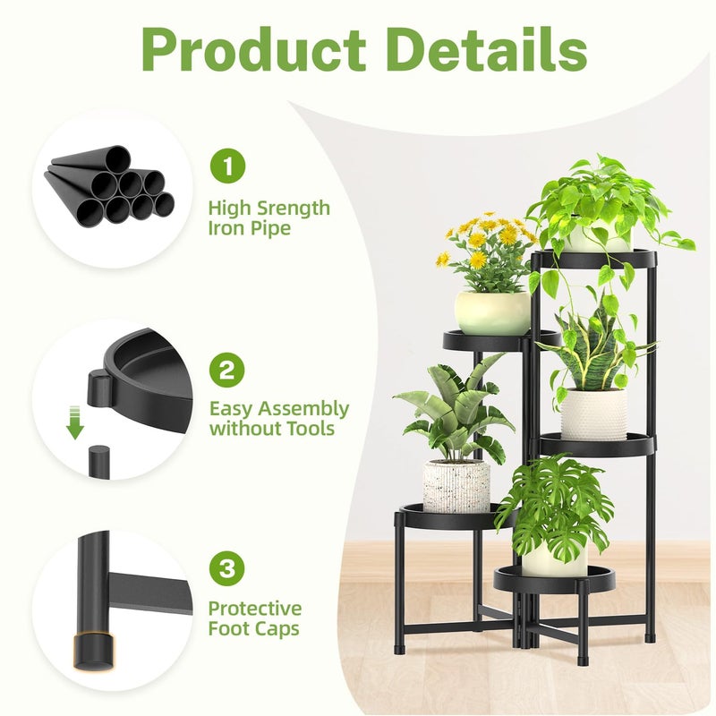 iDavosic.ly 5 Tier Folding Plant Stand Indoor Outdoor with Plastic Tray, Tiered Corner Flower Holder Shelf, Metal Orchid Display Rack for Patio Porch Living Room Garden Balcony, Modern Black - Image 4