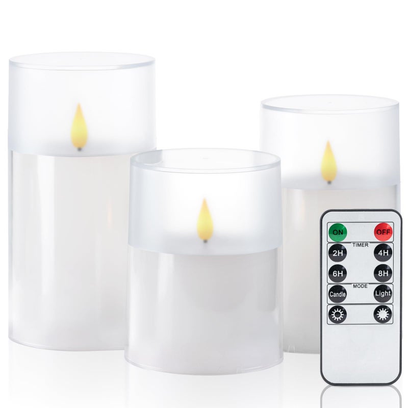 Homemory Flameless Candles Set of 3 White Acrylic LED Candles Upgraded Realistic Battery Operated Flames with Remote Timer Waterproof for IndoorOutdoor Decor Halloween Christmas Lanterns - Image 2