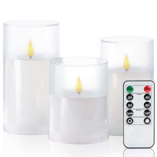 Homemory Flameless Candles Set of 3 White Acrylic LED Candles Upgraded Realistic Battery Operated Flames with Remote Timer Waterproof for IndoorOutdoor Decor Halloween Christmas Lanterns - Image 1