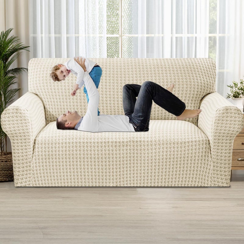 MAXIJIN Stretch Loveseat Couch Cover for 2 Cushion Couch (55"-69" Washable Sofa Slipcovers with Non-Slip Foam & Elastic Strap, Dog Cat Pet Friendly Furniture Protector (Medium, Beige) - Image 1