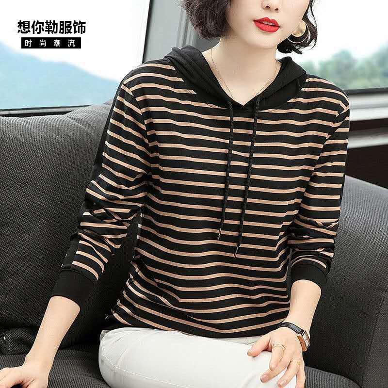 2022 New Autum 95 Cotton T-Shirt Women'S Long-Sleeved Middle-Aged Mother'S Wear Loose Stripesd Hooded Top Trbottomy T-Shirt - Image 1