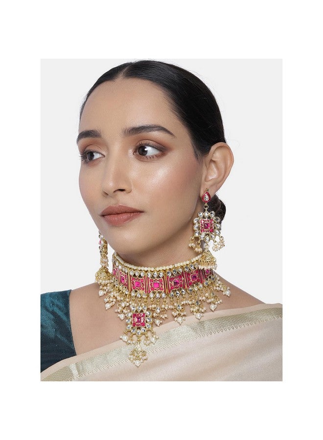 Peora Gold Plated Rani Pink Meenakari Bridal Choker Necklace & Dangle Jhumki Earring Jewellery Set for Women - Image 3