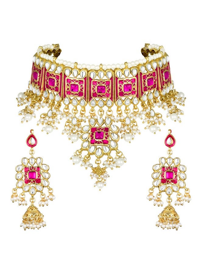 Peora Gold Plated Rani Pink Meenakari Bridal Choker Necklace & Dangle Jhumki Earring Jewellery Set for Women - Image 1