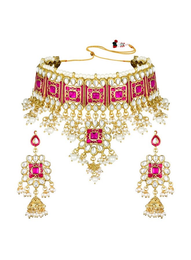 Peora Gold Plated Rani Pink Meenakari Bridal Choker Necklace & Dangle Jhumki Earring Jewellery Set for Women - Image 5