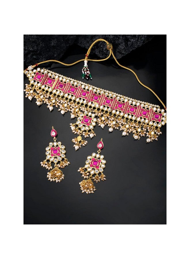 Peora Gold Plated Rani Pink Meenakari Bridal Choker Necklace & Dangle Jhumki Earring Jewellery Set for Women - Image 2