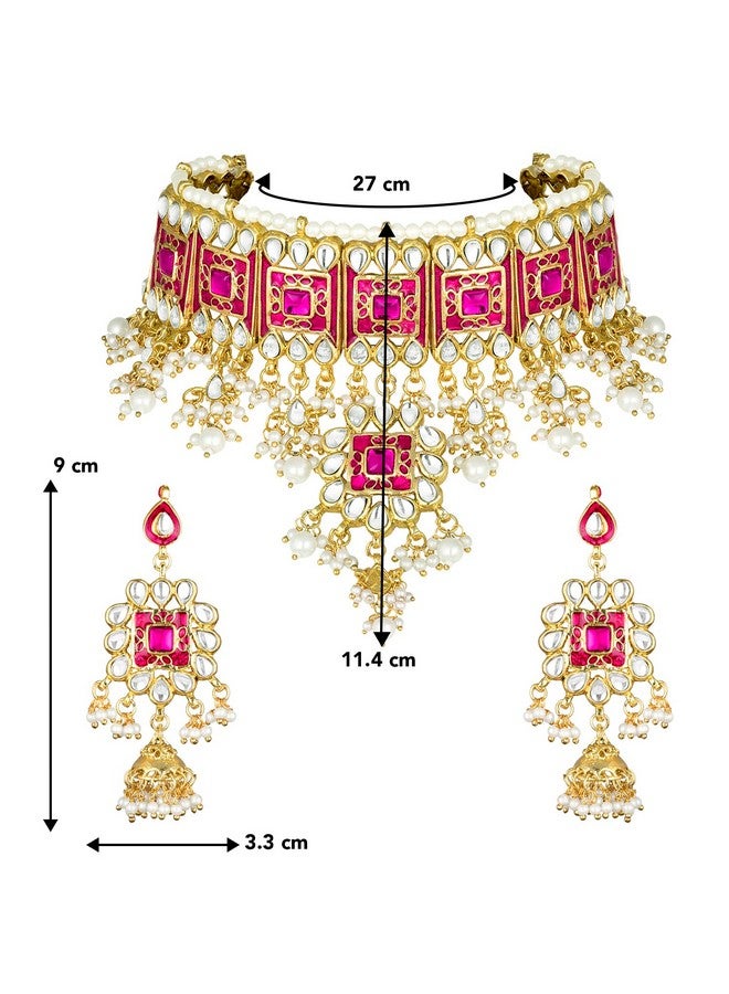 Peora Gold Plated Rani Pink Meenakari Bridal Choker Necklace & Dangle Jhumki Earring Jewellery Set for Women - Image 4