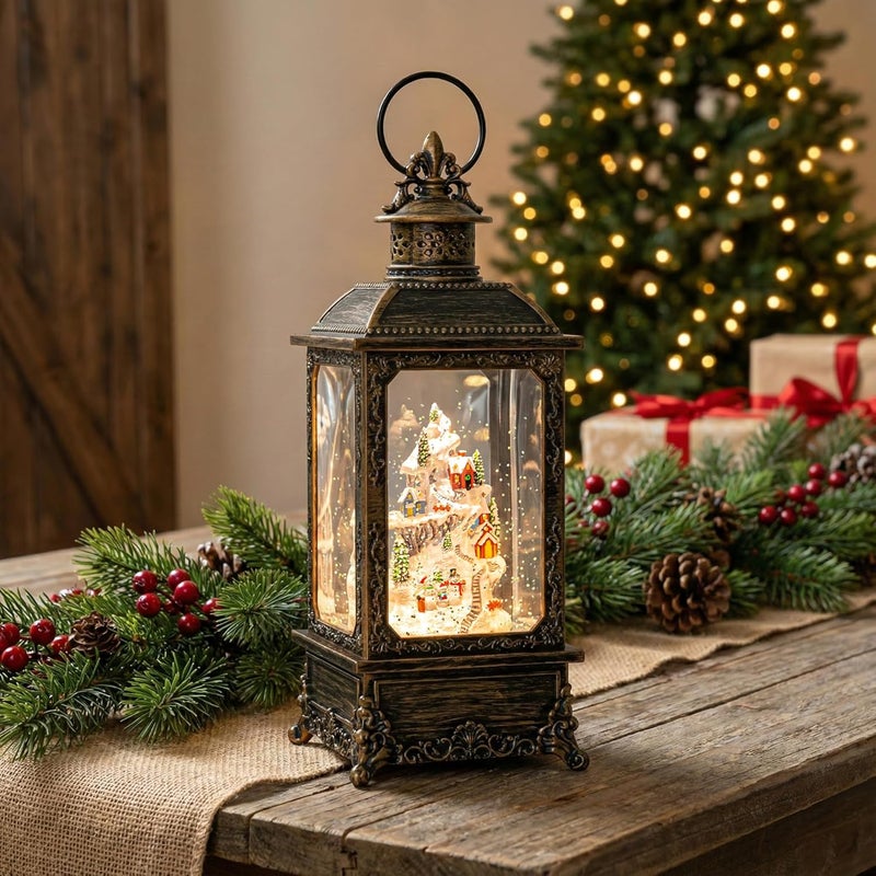 Solgicar Christmas Snow Globe Lantern Water Glittering Snow Mountain Village with Music & Timer, USB Lined/Battery Operated Lighted Lantern for Christmas Festival Decoration Gifts - Image 3