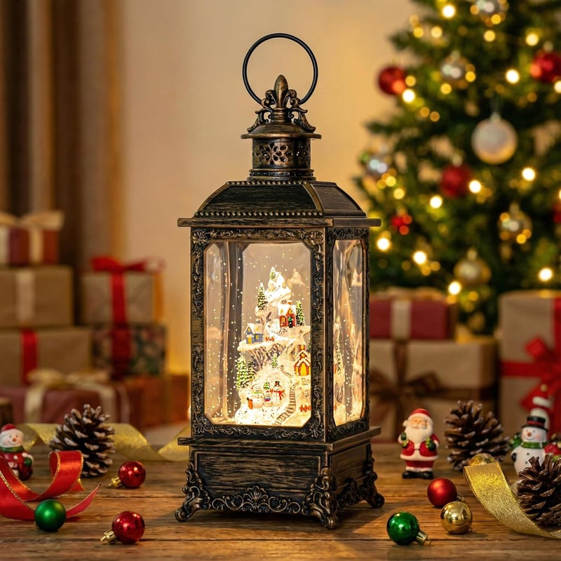 Solgicar Christmas Snow Globe Lantern Water Glittering Snow Mountain Village with Music & Timer, USB Lined/Battery Operated Lighted Lantern for Christmas Festival Decoration Gifts - Image 2