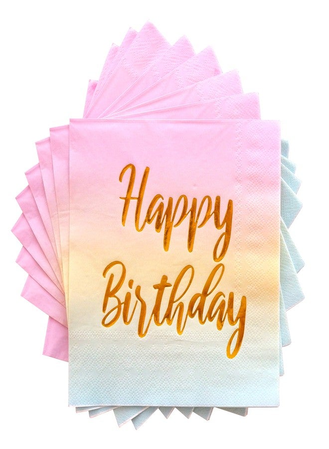 Partay Shenanigans Happy Birthday Napkins - 50 Pack Pastel Metallic Birthday Disposable Paper Napkins with Gold Foil Printing on Pink Yellow Blue Ombre Gradient for Cocktail Party Supplies - 6.5" x 6.5" inches - Image 1