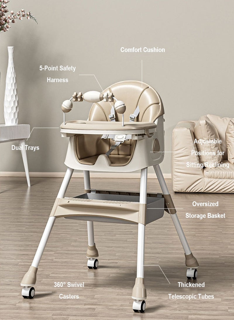 4 In 1 Baby Feeding High Chair With Height Adjustable, Footrest, Foldable, Tray, 140 Degree Recline, 5 Point Safety Belt And Wheels, 6 Months To 6 Years, Brown  - Image 3