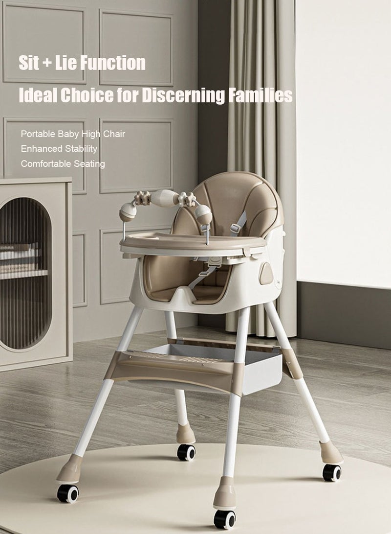 4 In 1 Baby Feeding High Chair With Height Adjustable, Footrest, Foldable, Tray, 140 Degree Recline, 5 Point Safety Belt And Wheels, 6 Months To 6 Years, Brown  - Image 1