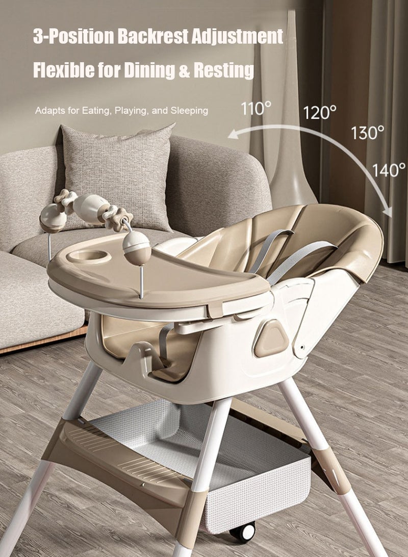 4 In 1 Baby Feeding High Chair With Height Adjustable, Footrest, Foldable, Tray, 140 Degree Recline, 5 Point Safety Belt And Wheels, 6 Months To 6 Years, Brown  - Image 5